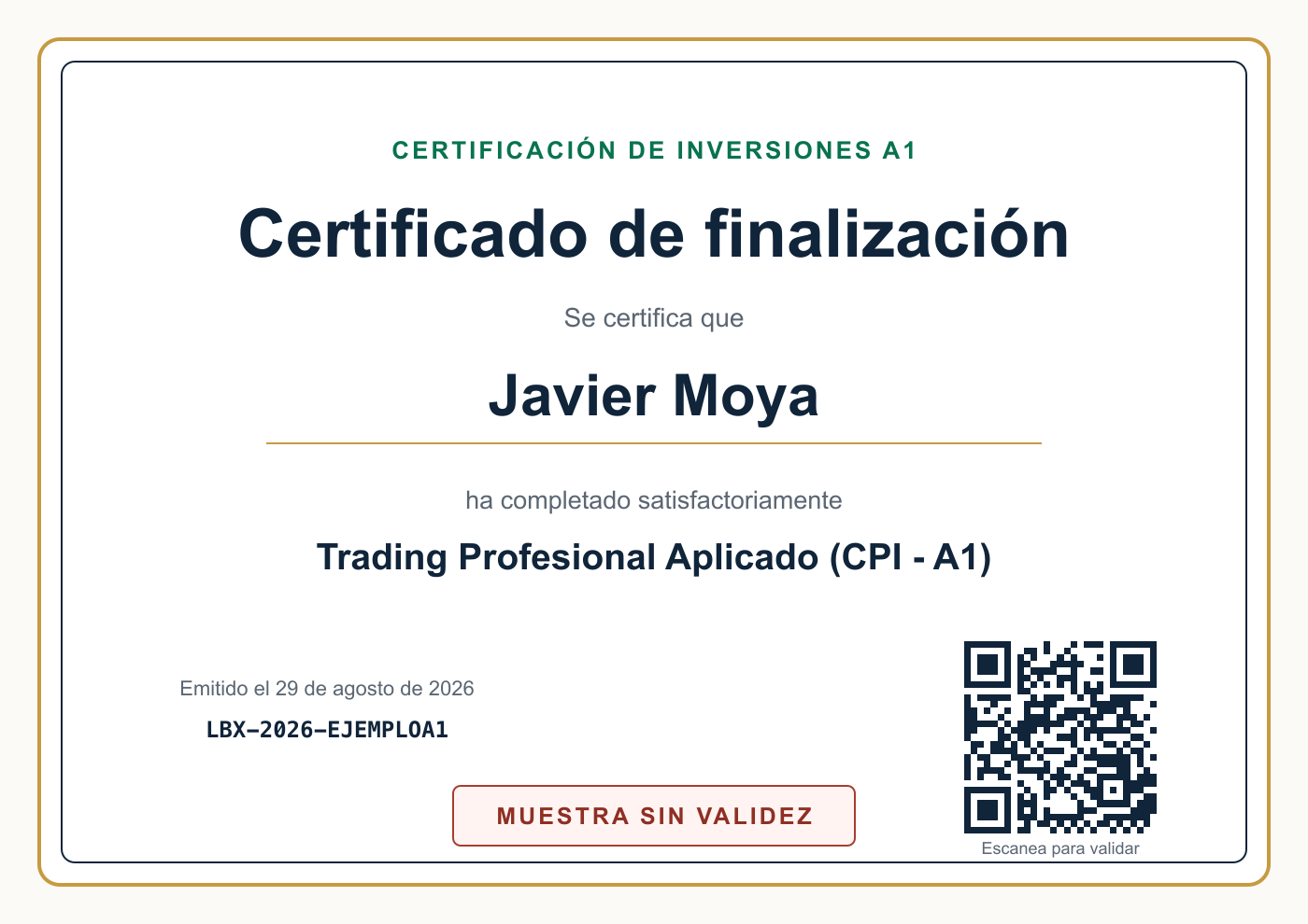 Ejemplo de certificado a nombre de Javier Moya